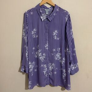Catherines Purple and White Bamboo Print Long Sleeve Button Front Top size 2X